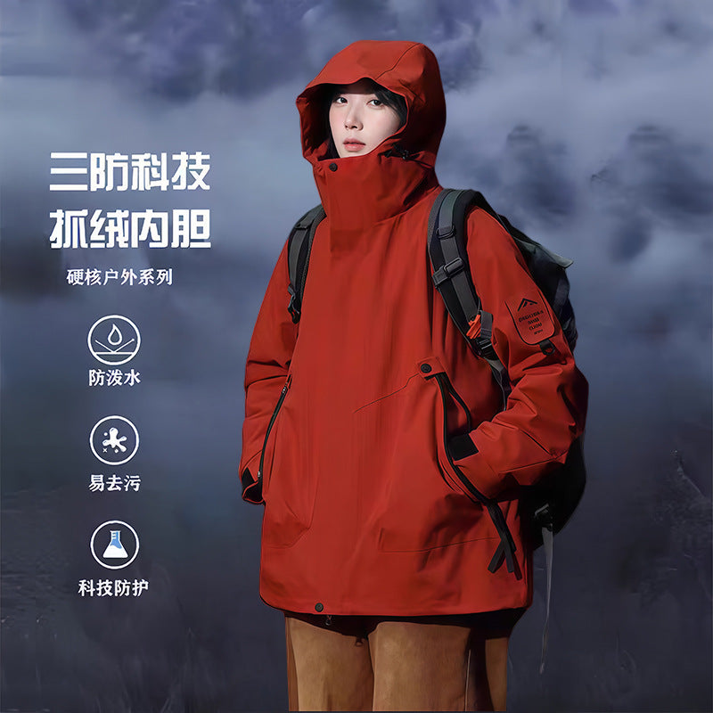 Luotuo Outdoor Hard Shell Jacket Three-in-One Women's Windproof and Waterproof Two-piece Set Fleece Liner Hiking Mountaineering Suit for Men